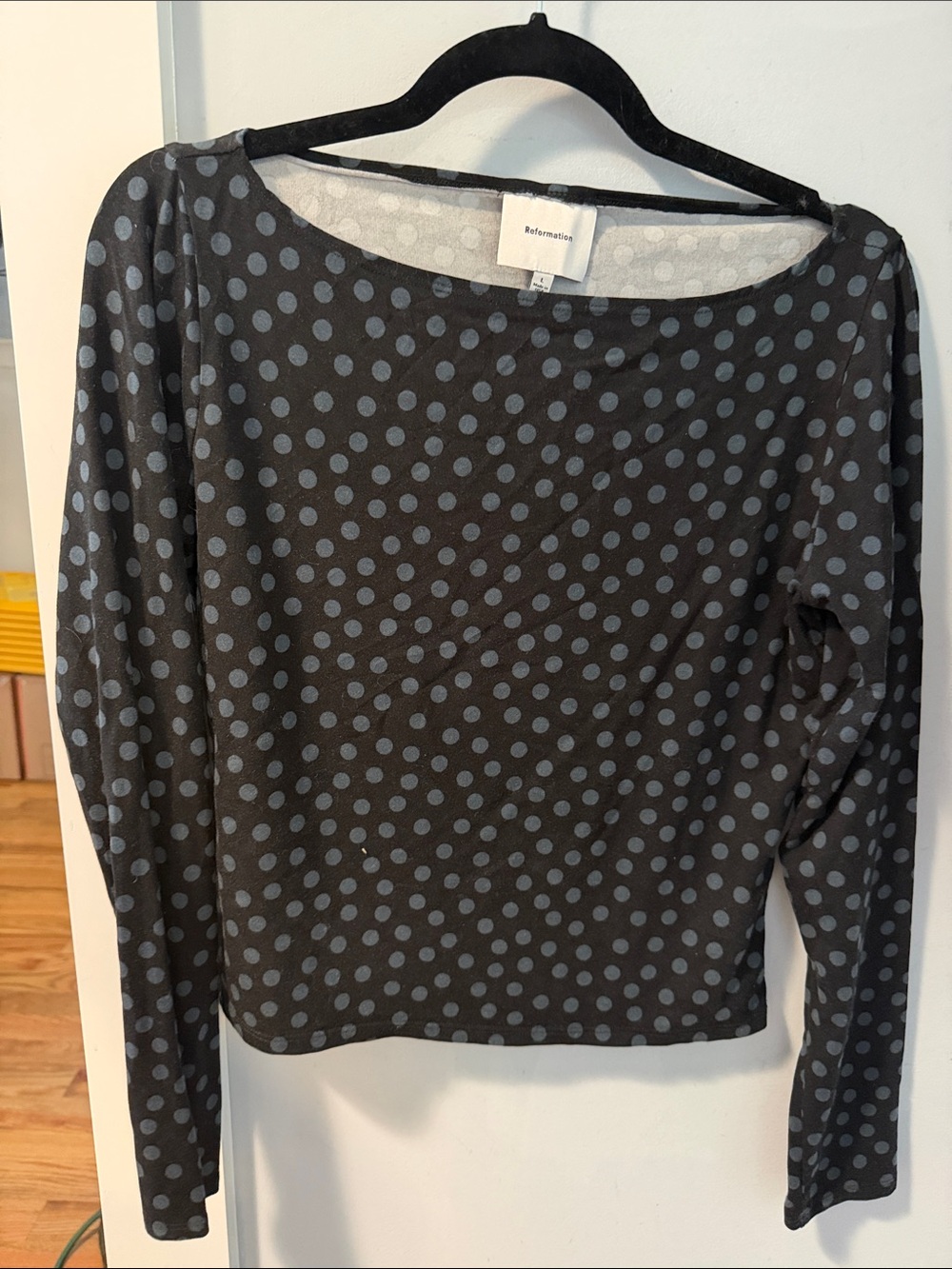 Reformation Black Long Sleeve Top with Gray Polka Dots